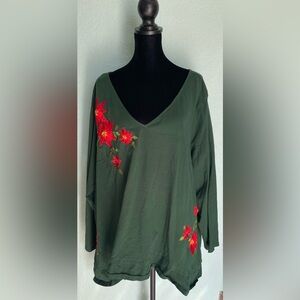 Elegant Dark Green Blouse with Red Embroidered Poinsettia Accents